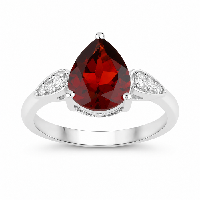 2.45 Ct Pear Red Mozambique Garnet & Lab Diamond Prong Silver Cocktail Ring by Fine Color Jewels