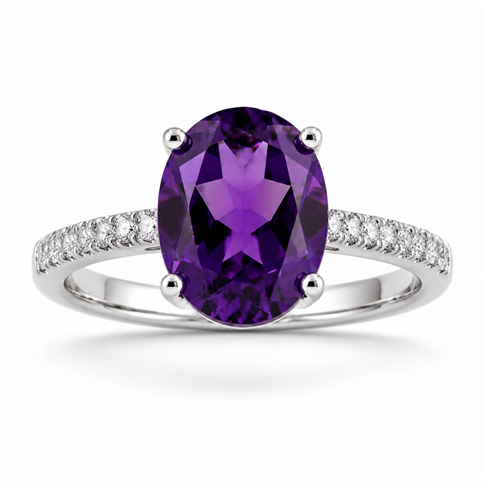 2.20 Ct Oval Purple Amethyst and Lab Diamond Prong Silver Pave Cocktail Ring by Fine Color Jewels