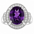 3.20 Ct Oval Purple Amethyst and Lab Diamond Prong Silver Halo Statement Ring by Fine Color Jewels