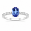0.75 Ct Oval Violet Tanzanite and Lab Diamond Prong Silver Pave Band Ring