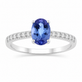 0.75 Ct Oval Violet Tanzanite and Lab Diamond Prong Silver Pave Band Ring by Fine Color Jewels