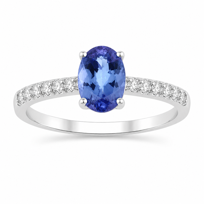 0.75 Ct Oval Violet Tanzanite and Lab Diamond Prong Silver Pave Band Ring by Fine Color Jewels