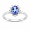 0.75 Ct Oval Violet Tanzanite and Lab Diamond Prong Silver Halo Statement Ring
