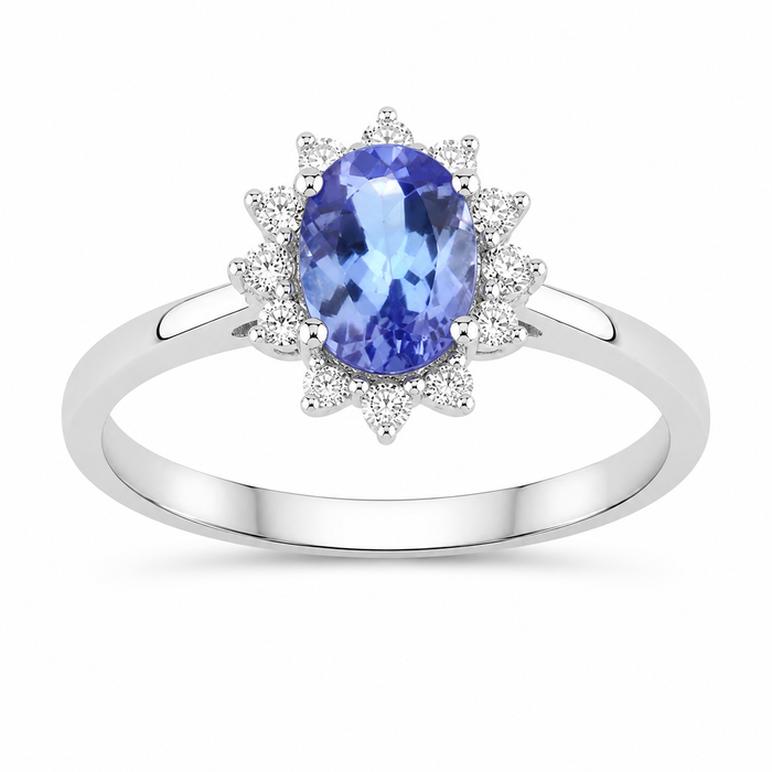 0.75 Ct Oval Violet Tanzanite and Lab Diamond Prong Silver Halo Statement Ring by Fine Color Jewels