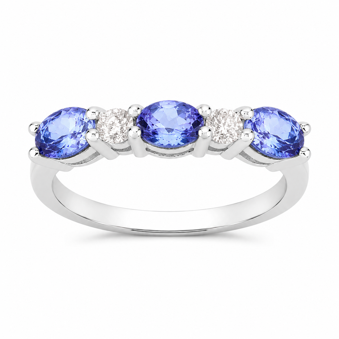 0.99 Ct Oval Violet Tanzanite and Lab Grown Diamond Prong Silver Five Stone Ring by Fine Color Jewels