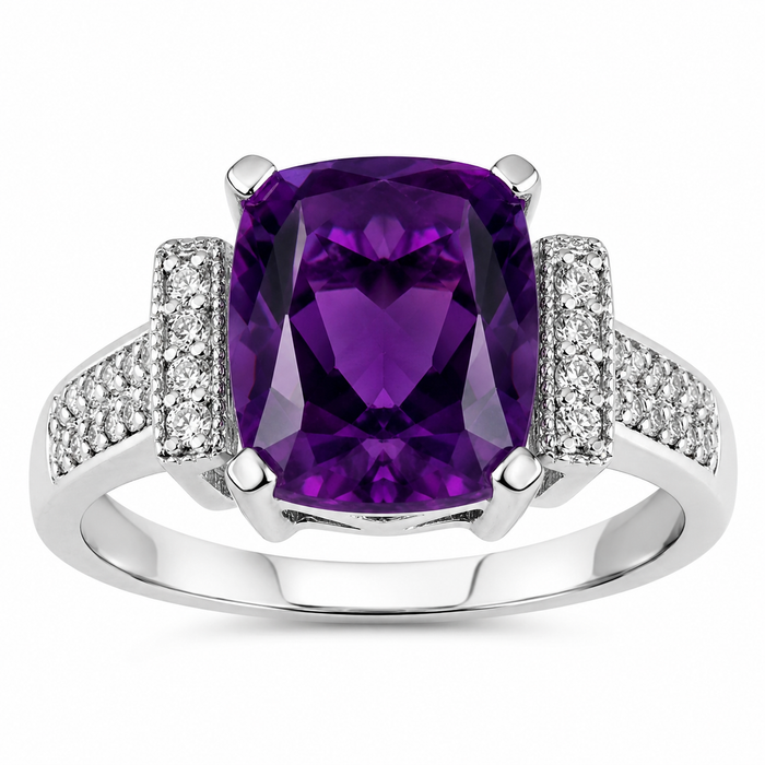 2.60 Ct Cushion Purple Amethyst and Lab Diamond Prong Silver Statement Ring by Fine Color Jewels