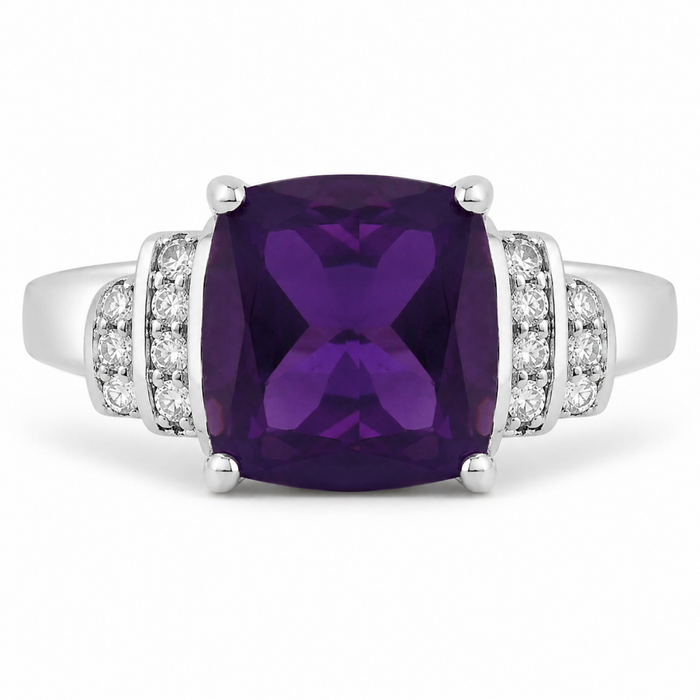 1.45 Ct Cushion Purple Amethyst Lab Diamond Prong Silver Bridge Ring by Fine Color Jewels