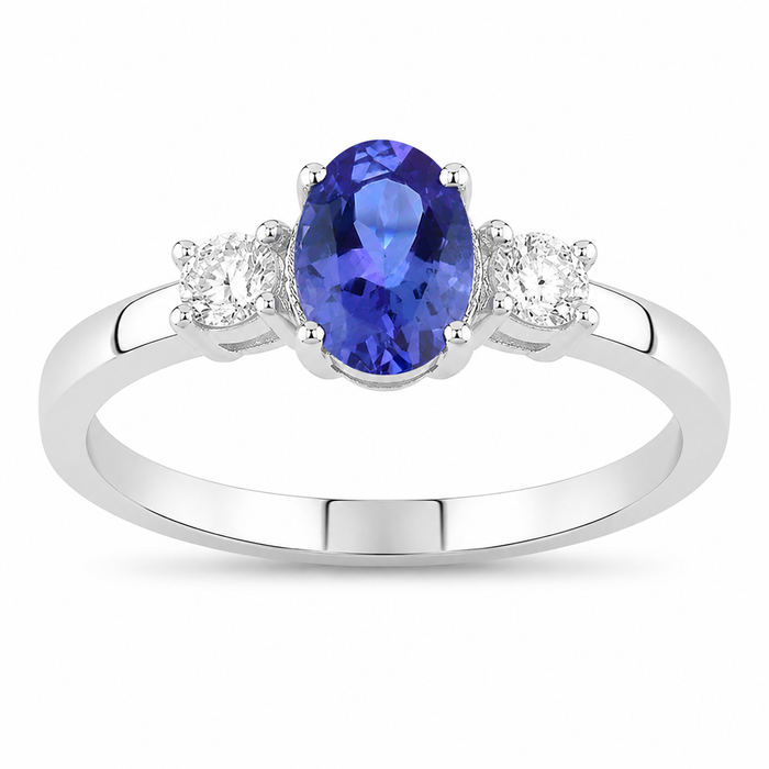 0.75 Ct Oval Violet Tanzanite and Lab Diamond Prong Silver Three Stone Ring by Fine Color Jewels