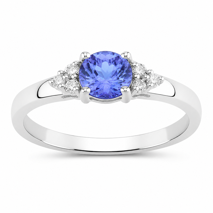 0.47 Ct Round Violet Tanzanite & Lab Diamond Prong Silver Cocktail Ring by Fine Color Jewels