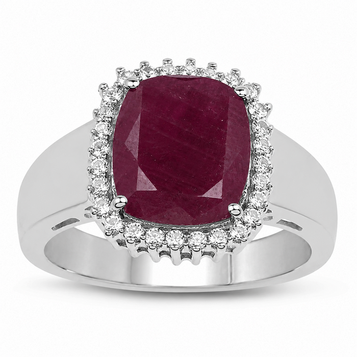 5.28 Ct Cushion Pink Ruby Prong Silver Halo Ring by Fine Color Jewels