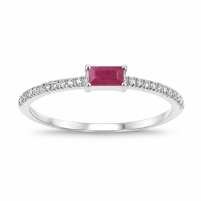 0.16 Ct Baguette Pink Ruby & Diamond Prong 14K White Gold Stackable Pave Ring by Fine Color Jewels