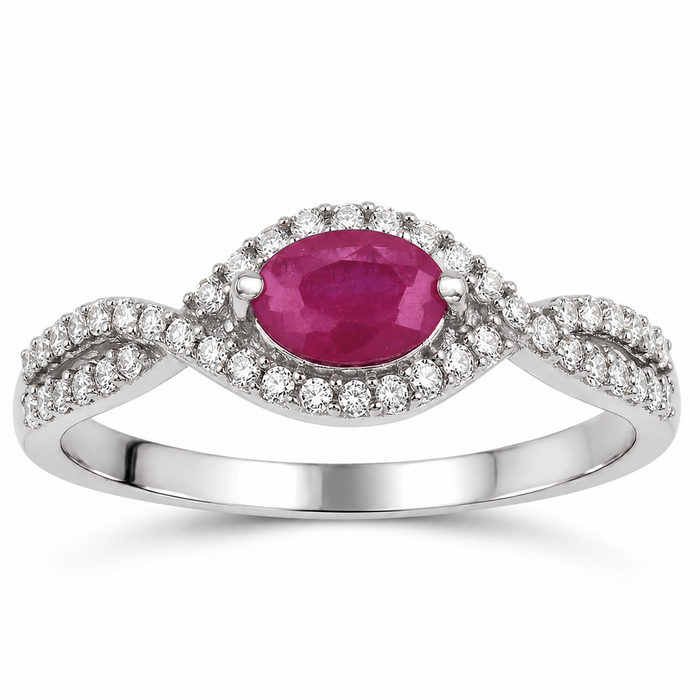 0.27 Ct Oval Pink Ruby & White Diamond Prong 14K White Gold Crossover Halo Ring by Fine Color Jewels