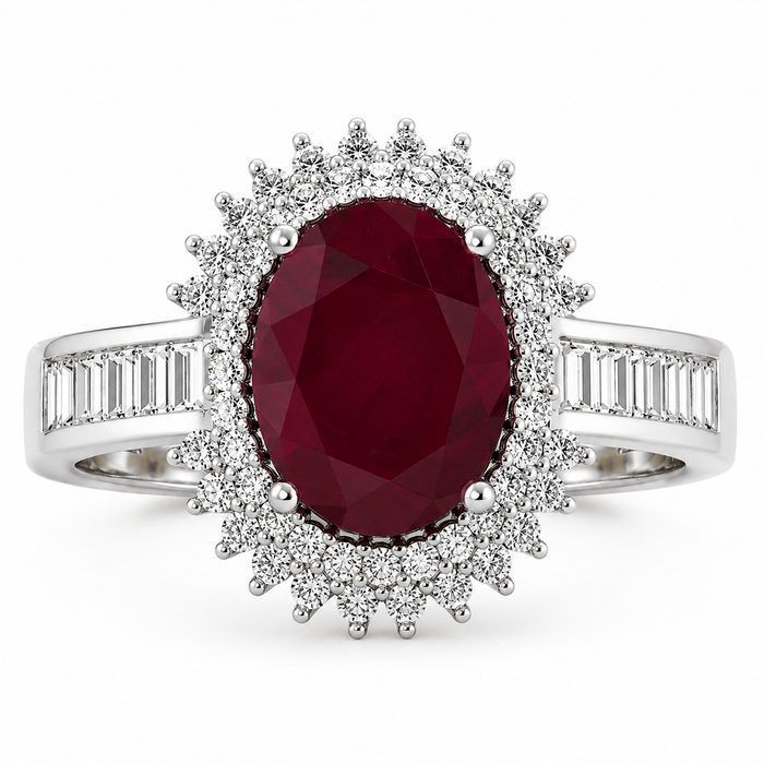 2.30 Ct Oval Pink Ruby & White Diamond Prong 14K White Gold Halo Cocktail Ring by Fine Color Jewels