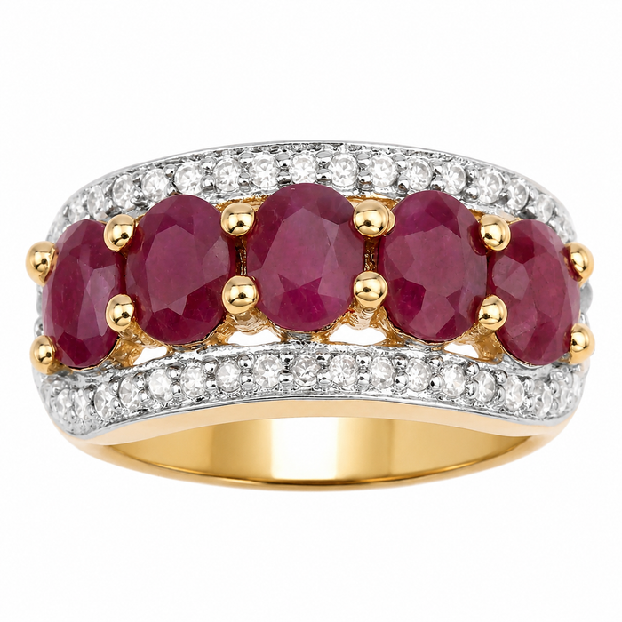 1.50 Ct Oval Pink Ruby & Diamond Prong Silver Five Stone Halo Ring by Fine Color Jewels