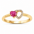 0.27 Ct Heart Pink Ruby & Diamond Prong 10K Yellow Gold Pave Double Heart Ring by Fine Color Jewels