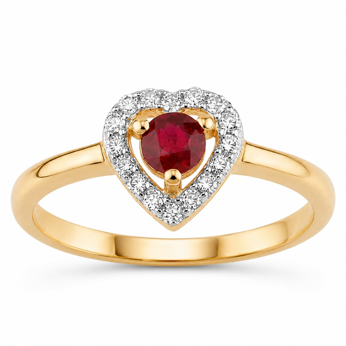 0.13 Ct Round Pink Ruby & Diamond Prong 14K Yellow Gold Halo Heart Ring by Fine Color Jewels