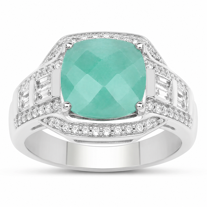 4.09 Ct Cushion Green Emerald Prong Silver Halo Pave Statement Ring by Fine Color Jewels