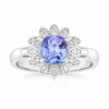 0.59 Ct Cushion Violet Tanzanite & Created White Sapphire Prong Silver Flower Halo Ring