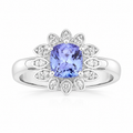 0.59 Ct Cushion Violet Tanzanite & Created White Sapphire Prong Silver Flower Halo Ring by Fine Color Jewels