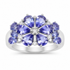 3.36 Ct Pear & Oval Violet Tanzanite Prong Rhodium Plated Silver Floral Cluster Ring