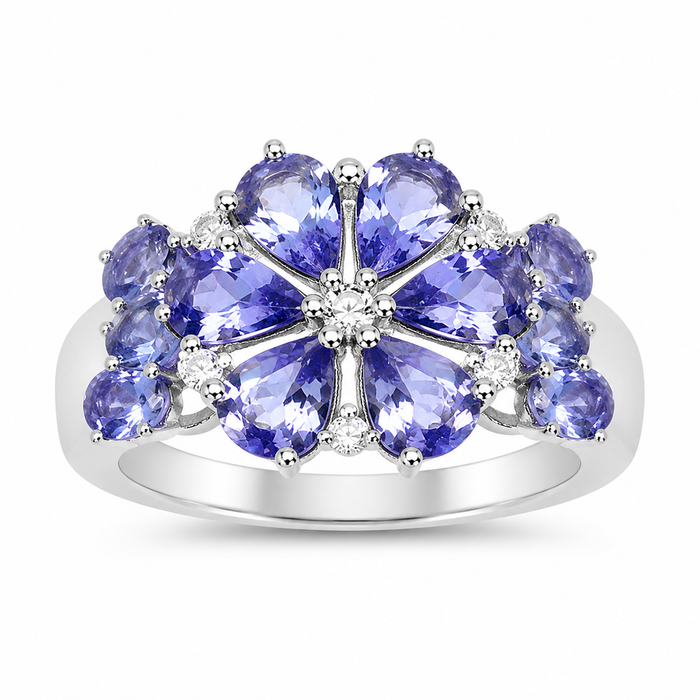 3.36 Ct Pear & Oval Violet Tanzanite Prong Rhodium Plated Silver Floral Cluster Ring by Fine Color Jewels