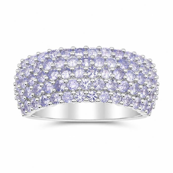 2.07 Ct Round Violet Tanzanite Prong Silver Pave Multi-Row Band Cluster Ring by Fine Color Jewels