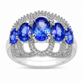 2.13 Ct Oval Violet Tanzanite Prong Silver Pave Five Stone Crown Style Ring by Fine Color Jewels