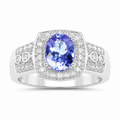 1.42 Ct Oval Violet Tanzanite Prong Silver Pave Halo Statement Ring by Fine Color Jewels