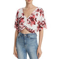 Aqua Flutter-Sleeve Floral Cropped Top, Size Medium by Vanessa Jane