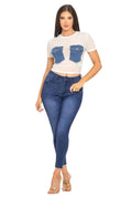 Mesh Front Denim Distressed Button Pockets Top {See Thru} by The House of Stylez