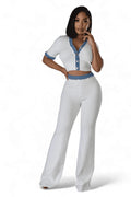 Two Piece Knit Pants Set with Denim Trim by The House of Stylez