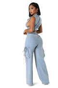 Two Piece Denim Cropped Top & Cargo Jean Pants Set by The House of Stylez