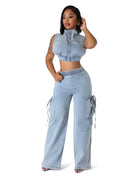 Two Piece Denim Cropped Top & Cargo Jean Pants Set by The House of Stylez