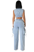 Two Piece Denim Cropped Top & Cargo Jean Pants Set by The House of Stylez