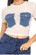 Mesh Front Denim Distressed Button Pockets Top {See Thru} by The House of Stylez