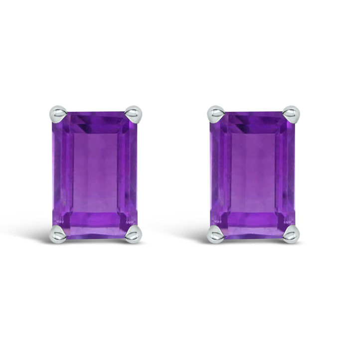 14K White Gold 6x4MM Emerald Shaped Amethyst Solitaire Stud Earrings by Bids.com