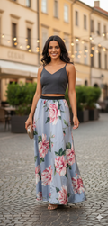 Speechless Juniors Floral Satin Skirt with Black Solid Cropped Top , Size 9 by Vanessa Jane
