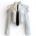Poplin Crop Shirt Top With Black Tie by The House of Stylez