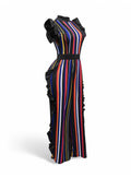 Curvy Color Striped Jumpsuit with Ruffles by The House of Stylez