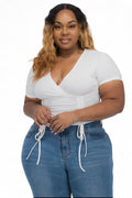 Curvy Ribbed Ruched Drawstring Surplice Top {BT3335X} by The House of Stylez
