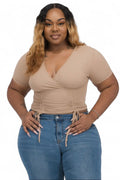 Curvy Ribbed Ruched Drawstring Surplice Top {BT3335X} by The House of Stylez