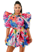 MultiColor Puffy Sleeve Bubble Hem Mini Dress by The House of Stylez