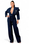 Curvy Dark Denim Ruffle Shoulder Jumpsuit by The House of Stylez