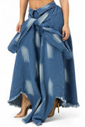Denim Tie Dye Maxi Skirt With Shirt Sleeves Belt by The House of Stylez