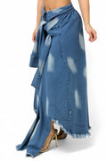 Denim Tie Dye Maxi Skirt With Shirt Sleeves Belt by The House of Stylez