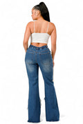 Curvy Lace-Up Shredded Flare Denim Pants by The House of Stylez