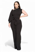 One Shoulder Puff Sleeve Belted Jumpsuit by The House of Stylez