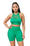 Front Fishnet Contrast Halter Top and Shorts Set