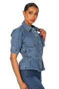 Ingrid Smocked Detail Peplum Denim Top by The House of Stylez