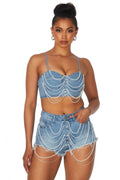 Pearl Detail Denim Short Set by The House of Stylez